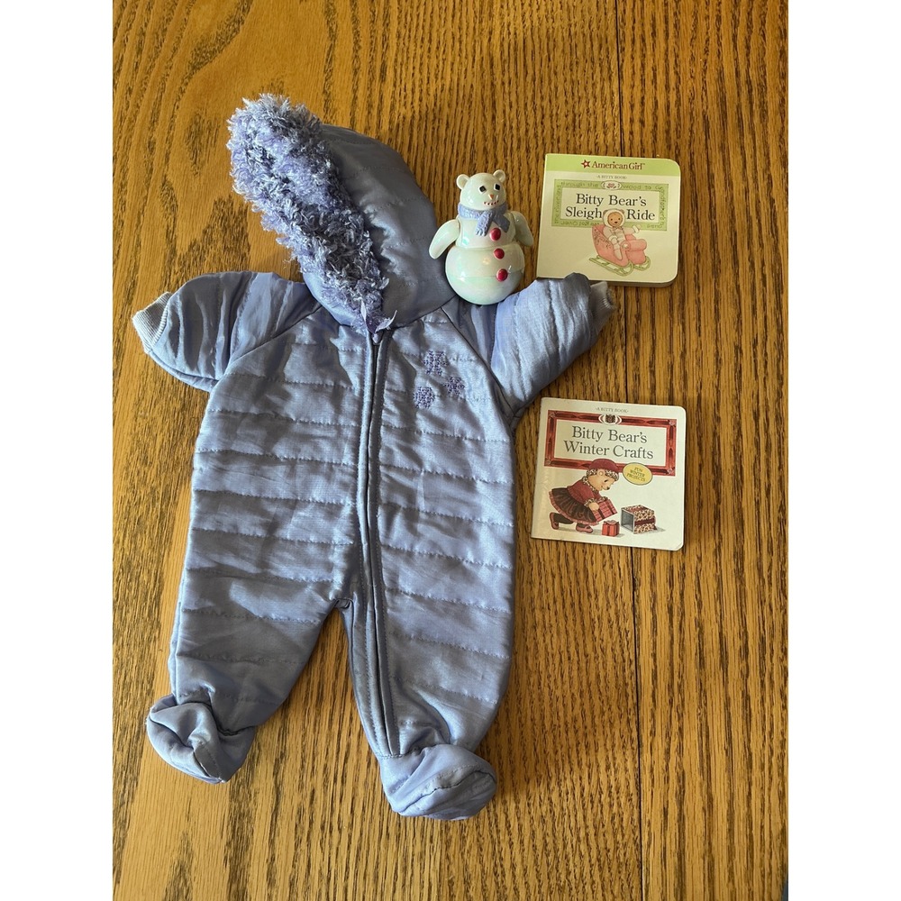 American Girl Bitty Baby Polar Bear Bunting Lavender Snowsuit Books and Toy Set